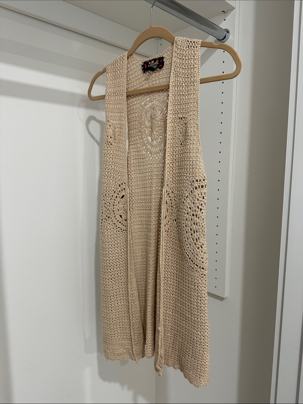 Crochet Open-Front Long Vest Cardigan - Cream